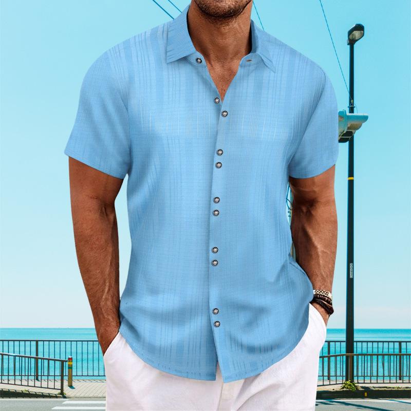 Mens Light Blue Textured Button Down Shirt Casual Striped Short Sleeve Summer Top S синий