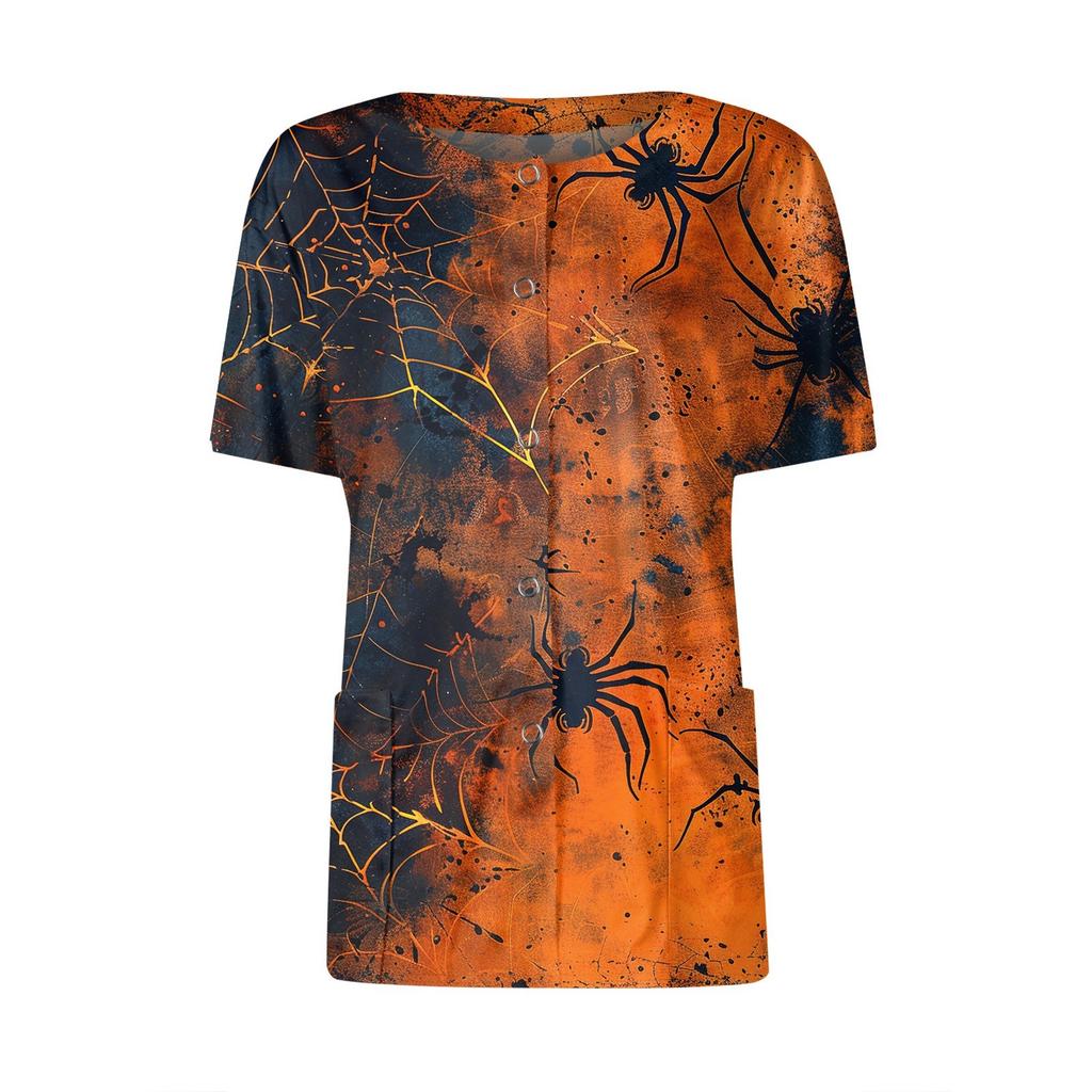 Women's Short Sleeved Patterned Pockets, Work Print Stand Up Collar, Single Breasted Protective Clothing, Cardigan Jacket, Top