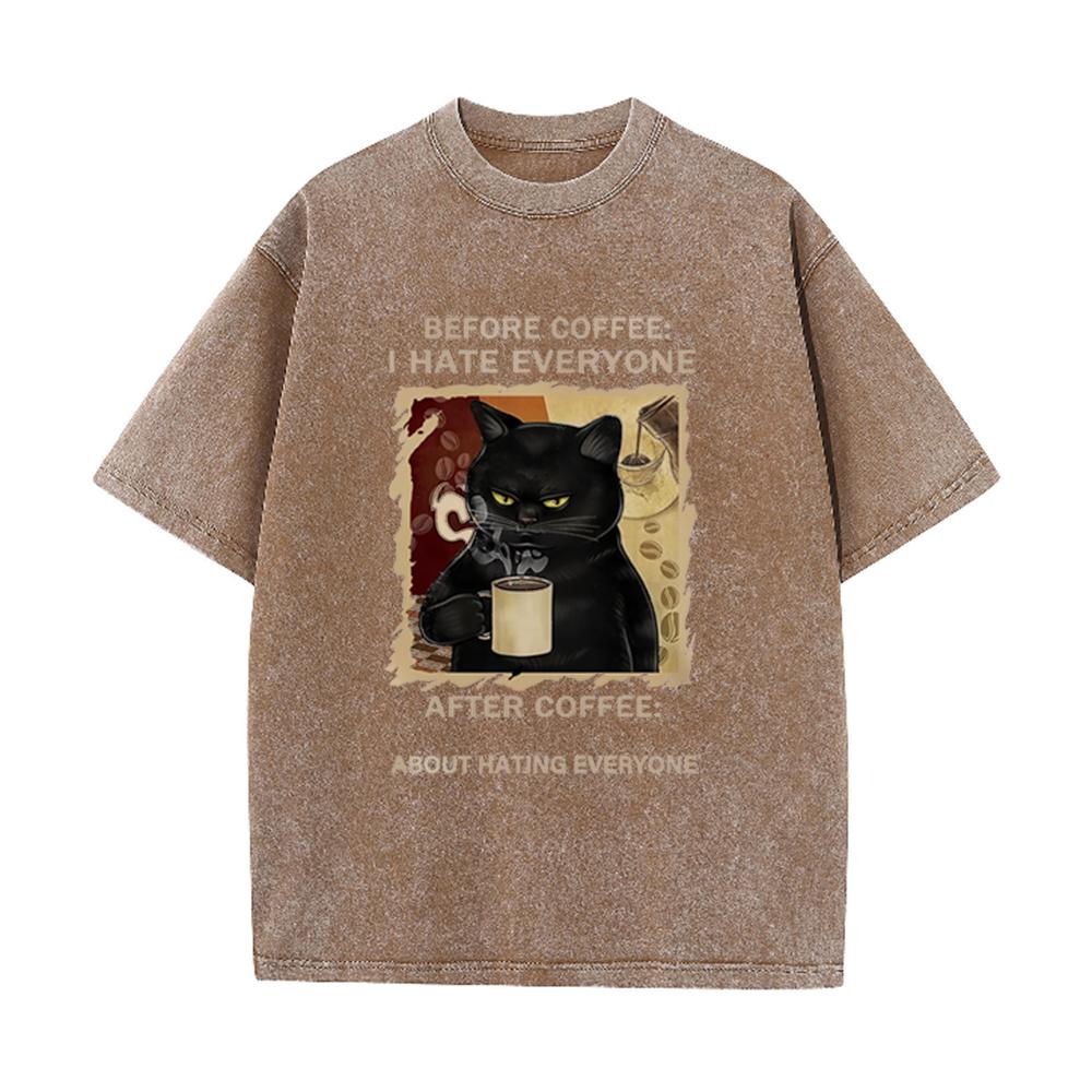 Cats Love To Drink Coffee Print Men Washed Tshirt Casual Loose T Shirts Summer Cotton Streetwear Soft Breathable Short Sleeve