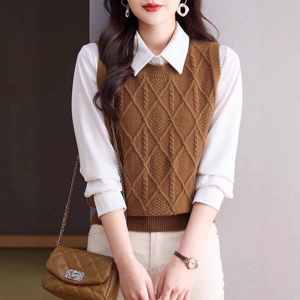 Women's Autumn Sleeveless Knit Vest – Versatile Layering Cardigan, Loose Fit, Yellow Brown (2025 New)