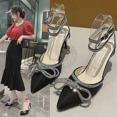 Summer 2022 Rhinestone Bow High Heel Sandals - Women’s Pointed Stiletto, Size 43