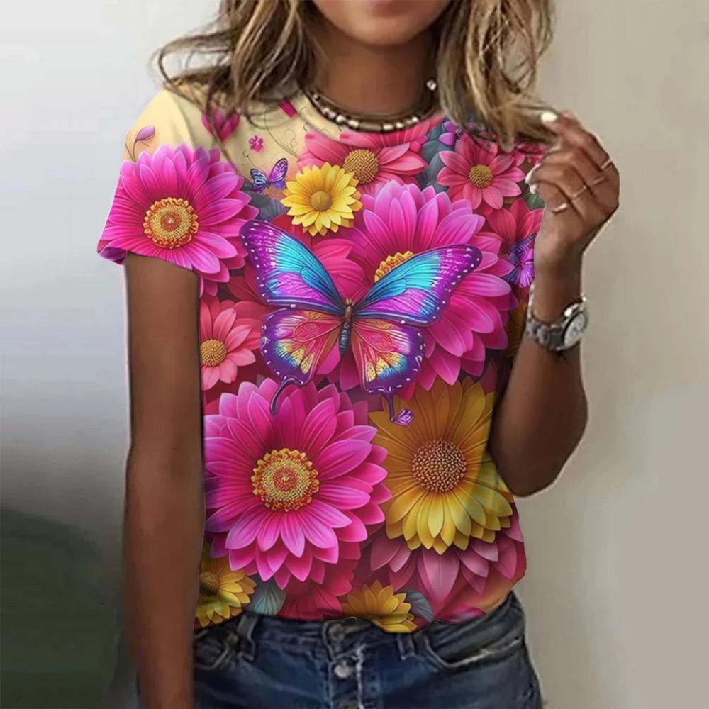 3D Printed Peach Blossom T-shirt for Women with Succulent Plant Pattern Short Sleeved Summer O-neck Loose T-shirt
