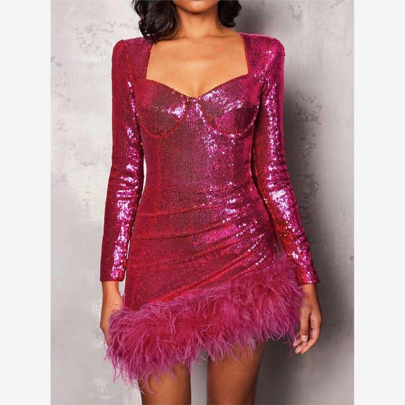 

Fashionable Sequins Feather Long Sleeves Dress Dress Women Long Sleeve Feather Sequin Dress Rose Red L