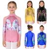 Girls Gymnastics Leotard Long Sleeve Mesh Patchwork Sparkly Rhinestones Tumbling Dance Outfit