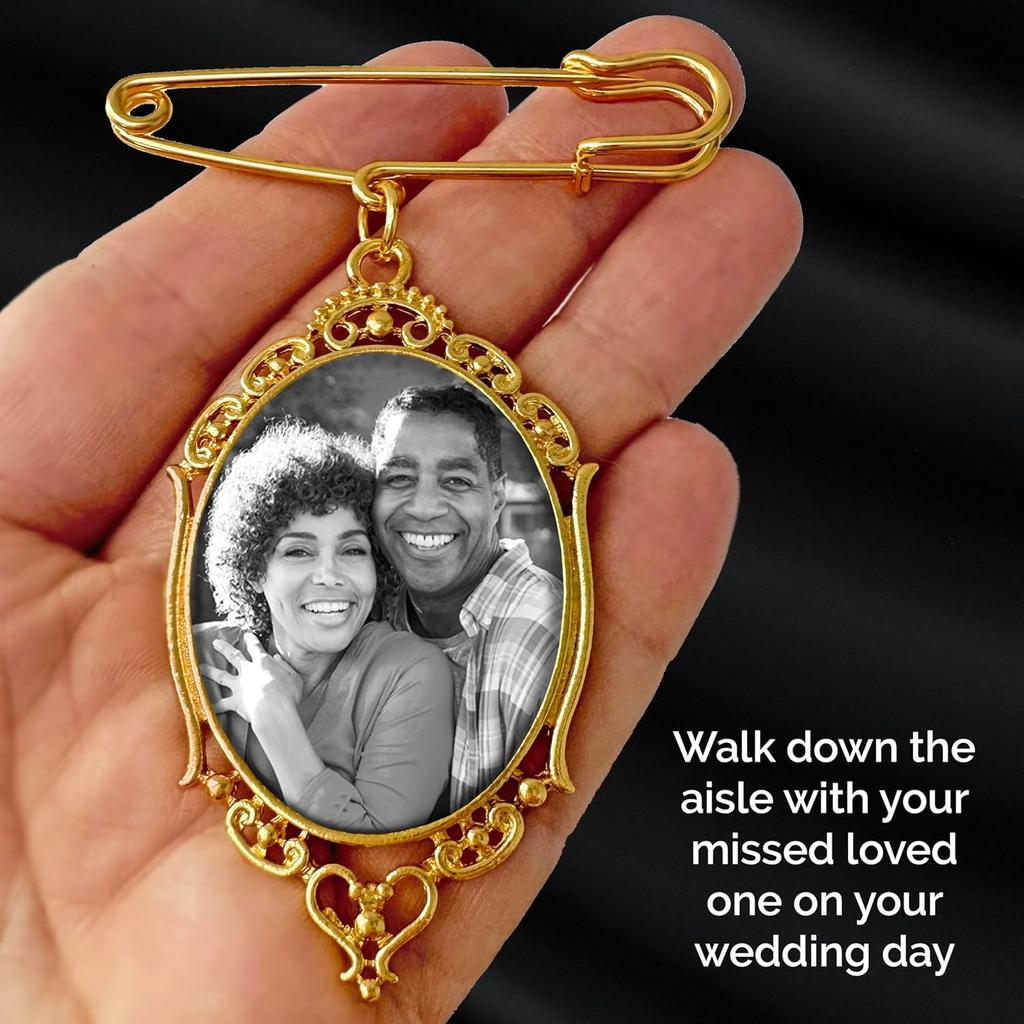 Gold Wedding Bouquet Photo Charm Pin for Bridal Flower Bouquet Memorial