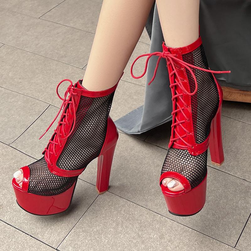 Sexy Platform Ankle Boots for Women Lace Black Red Short Dance Boot High Heel Party Dance Shoes Lady Big Size 45 2025 Summer