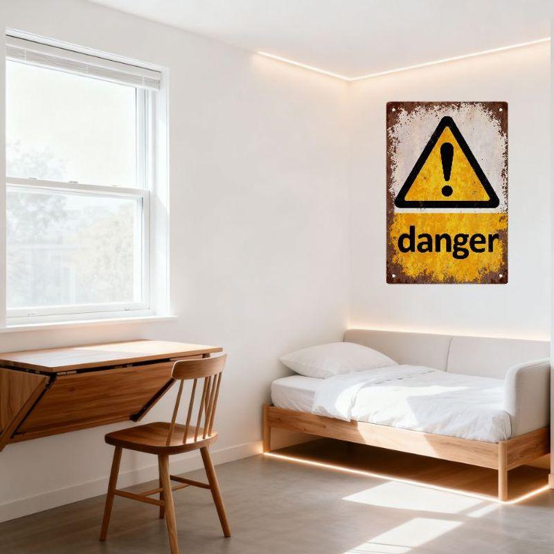Vintage Weathered Metal Warning Sign Danger Triangle Exclamation Mark Rustic Brown Wall Art for Home Office Decor