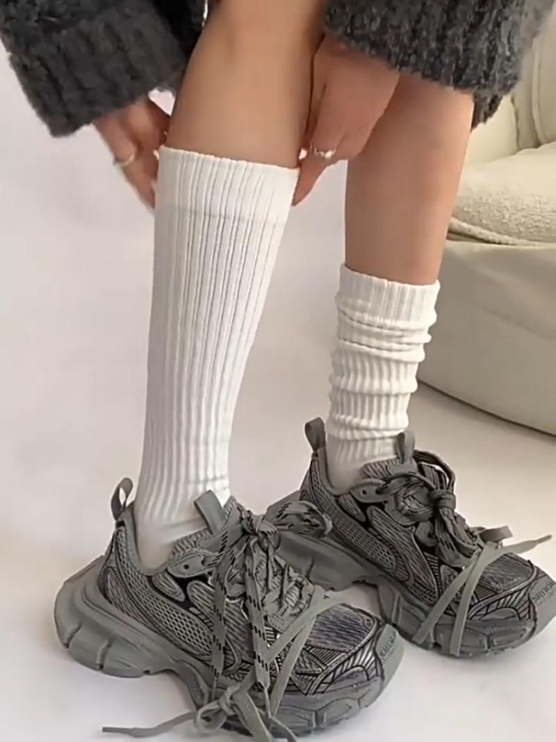 

High Quality Cotton White Socks Women s Striped Solid Color Knitted Stockings Ins Trendy College Style Long Slouch Pile-up Socks One Size белый