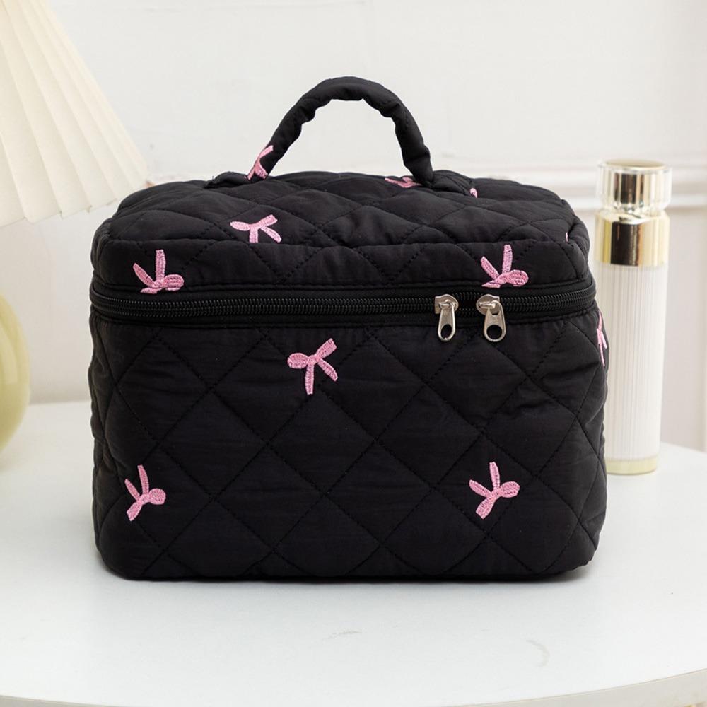 Cute Large Quilted Makeup Bag Embroidered Bow Travel Handheld Cosmetic Bag Coquette Aesthetic Toiletry Bag for Women Girls