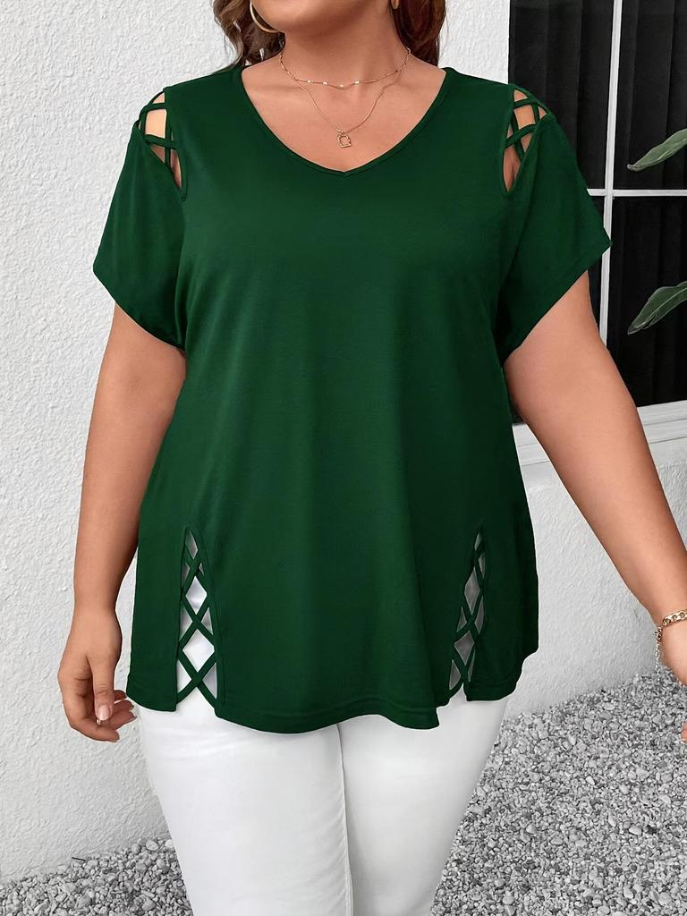 2026 Plus Size V-Neck Cross Strap Hollow Short Sleeve Women's T-shirt