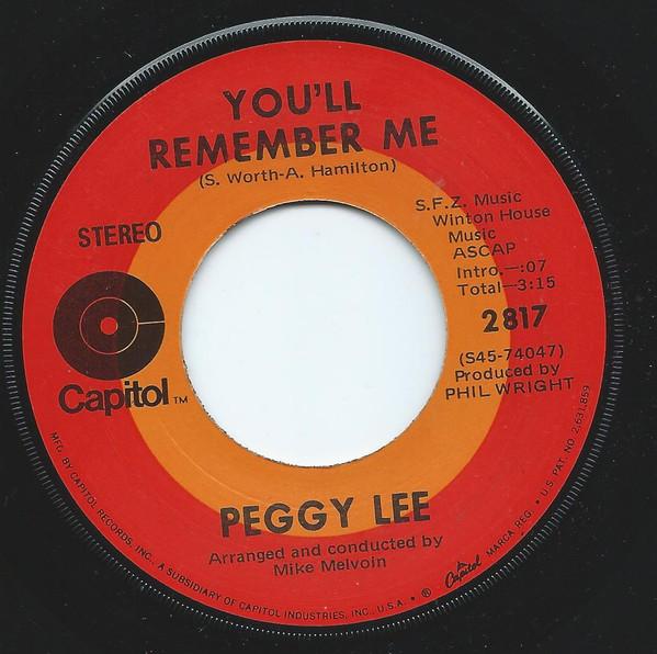 

7inch Record PEGGY LEE - You ll Remember Me 2817 CAPITOL 1970 US Pop Used