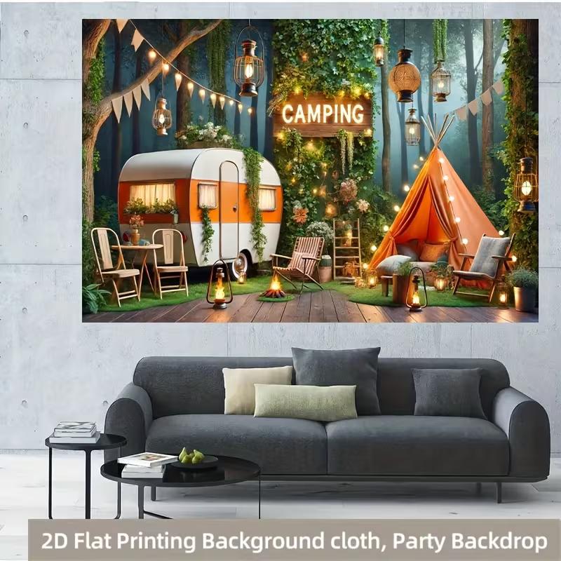 2D Cozy Camping Forest Trailer Photography Background