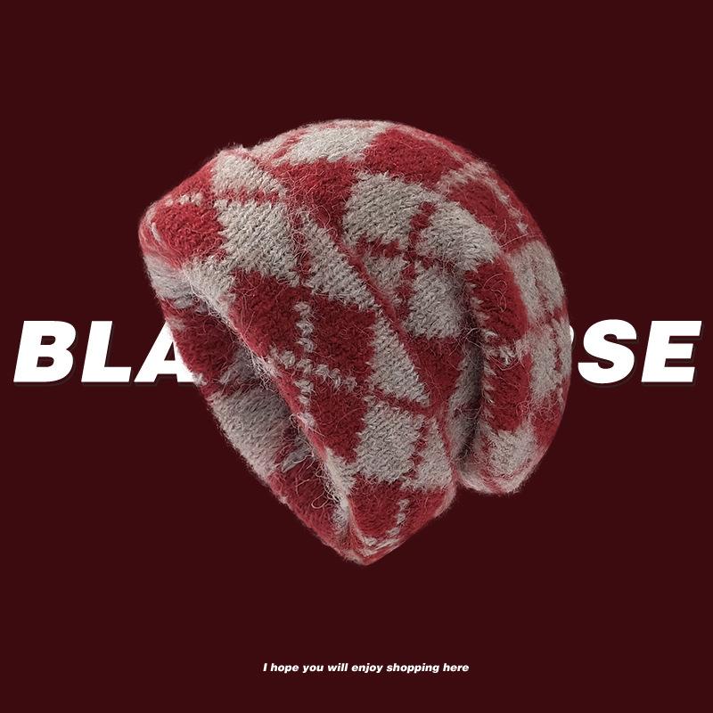 

Retro plaid wool hat women s season warm and cold-proof big head circumference jacquard knitted hat wholesale One size fits all (58-60cm)