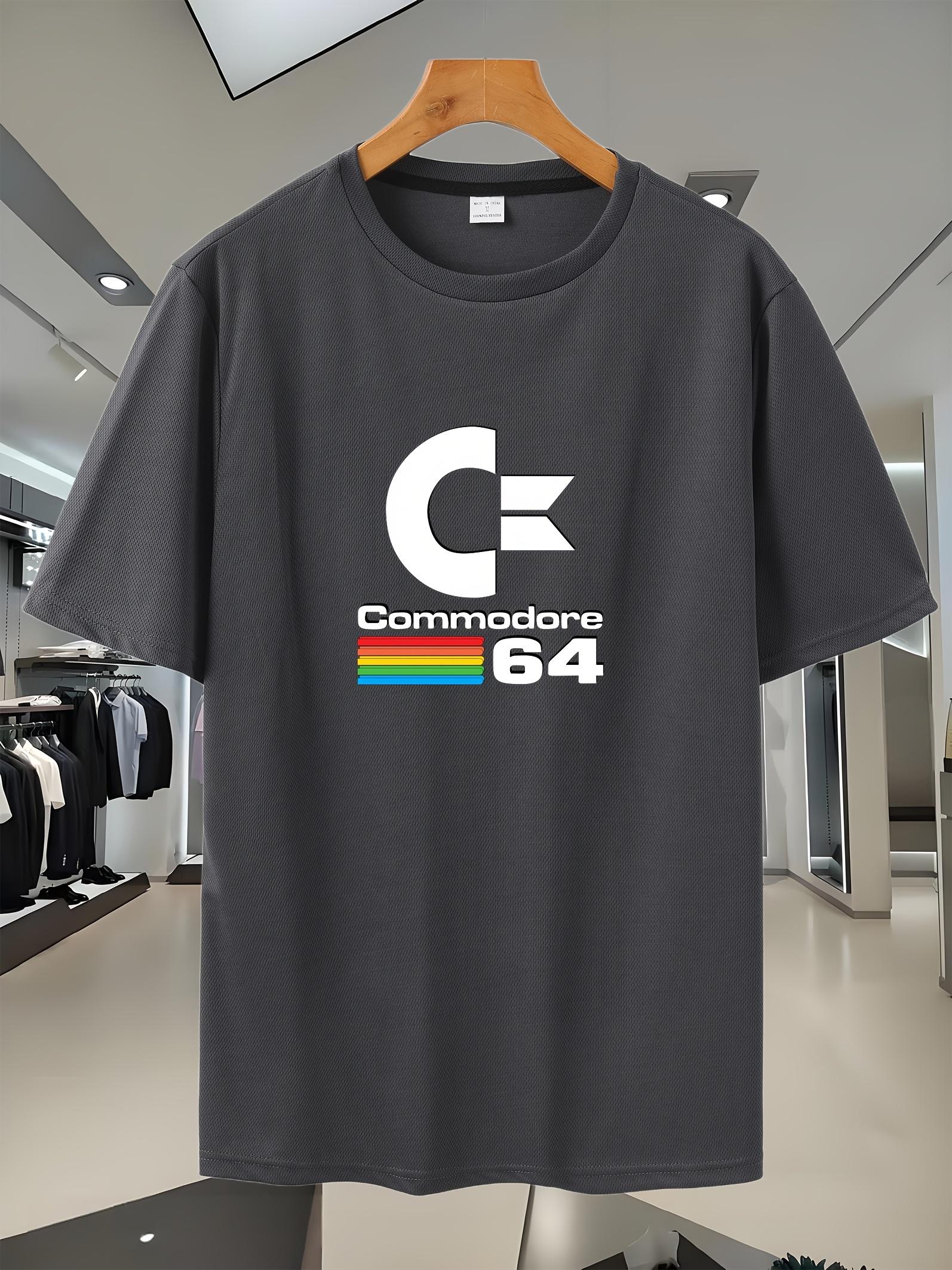 

Retro Gaming Graphic T-shirt - Breathable Mesh Sport Tee with Vintage Commodore 64 & Rainbow Stripes Design for Gym S