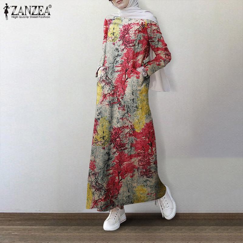 

ZANZEA Женщины с длинным рукавом Цветочные печатные хлопковые длинные платья