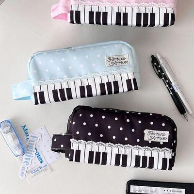 Estuche para lápices Kawaii con estampado de teclas de piano de lunares con asa, bolsa para lápices de gran capacidad, bolsa para papelería, regalo