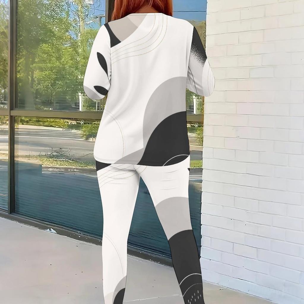 Women Plus Size Round Neck Long Sleeve Printed Top And Fitted Pants Two Piece Set