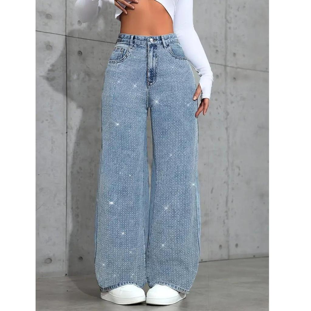 Dámské Strečové Džíny Rovného Střihu Ve Velikostech Plus Size S Kamínky V Opraném Denimu.
