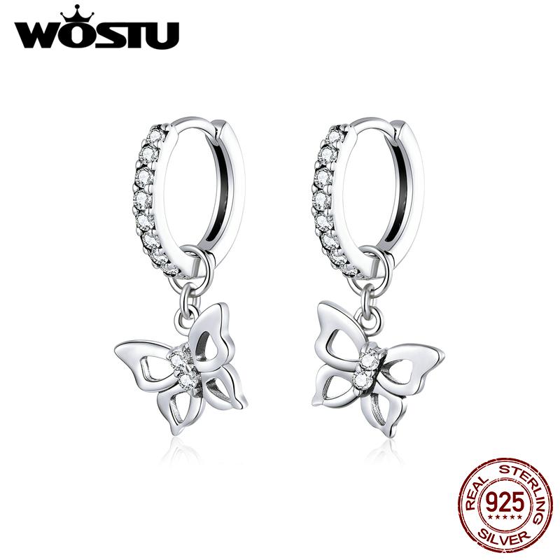 WOSTU Genuine 925 Sterling Silver Elegant Butterfly Hoop Earrings Clear Zircon Earrings For Women Wedding Unique Jewelry CQE833