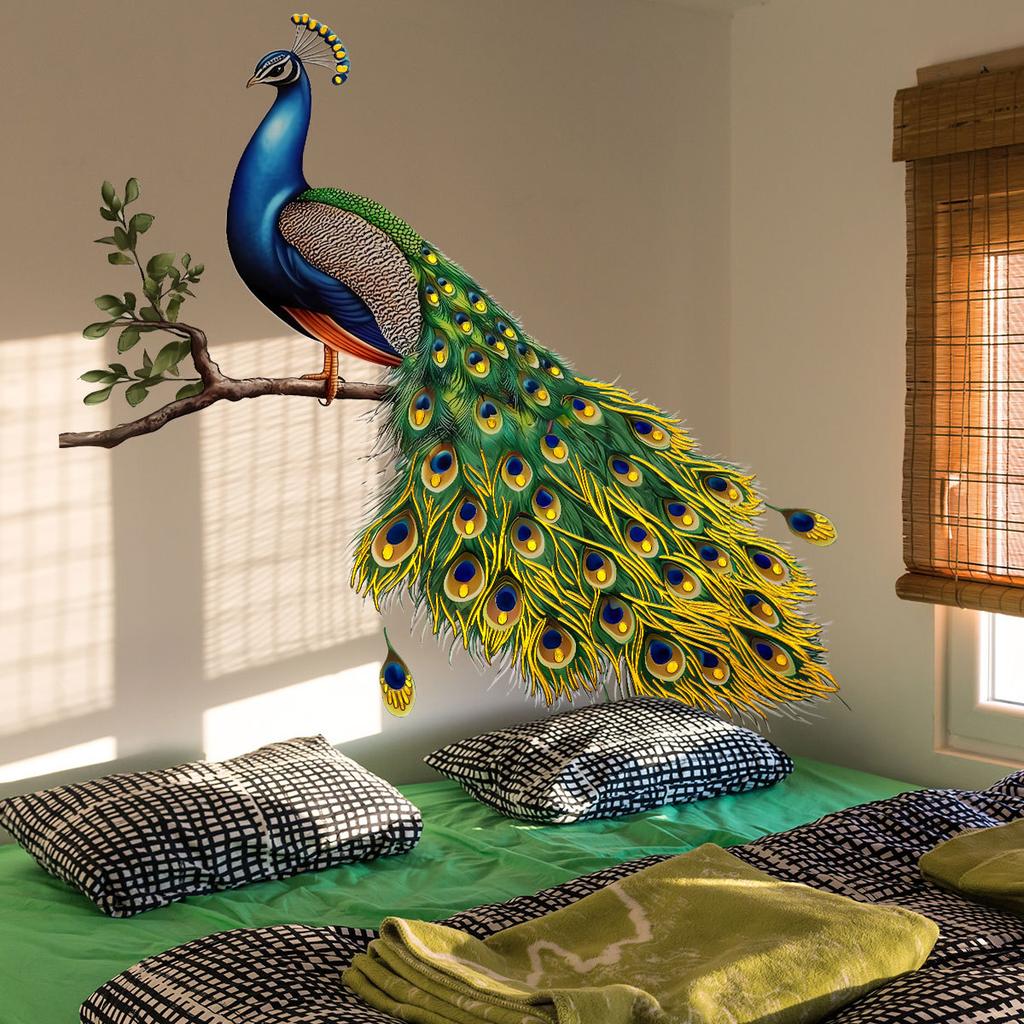Tj3031 Creative Green Peacock Branch Bronzing Wall Sticker Decoration Children'S Room Living Room Bedroom Background Self-Adhesive Sticker