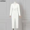 VONDA Women V Neck Long Sleeve Twisted Waist  Solid Color High Splits Party Long Dress