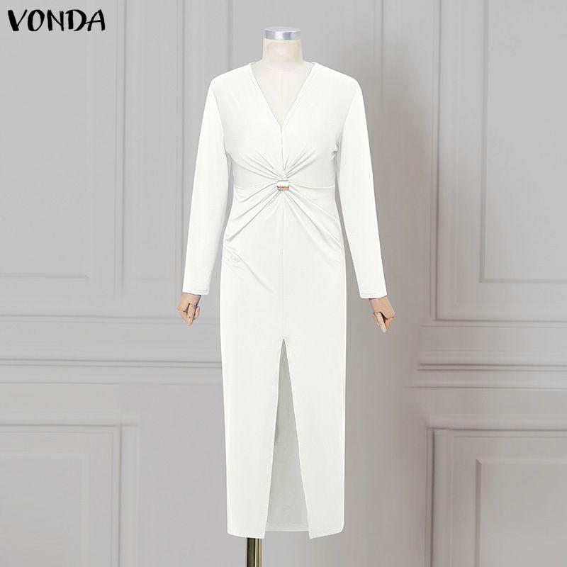 VONDA Women V Neck Long Sleeve Twisted Waist Solid Color High Splits Party Long Dress