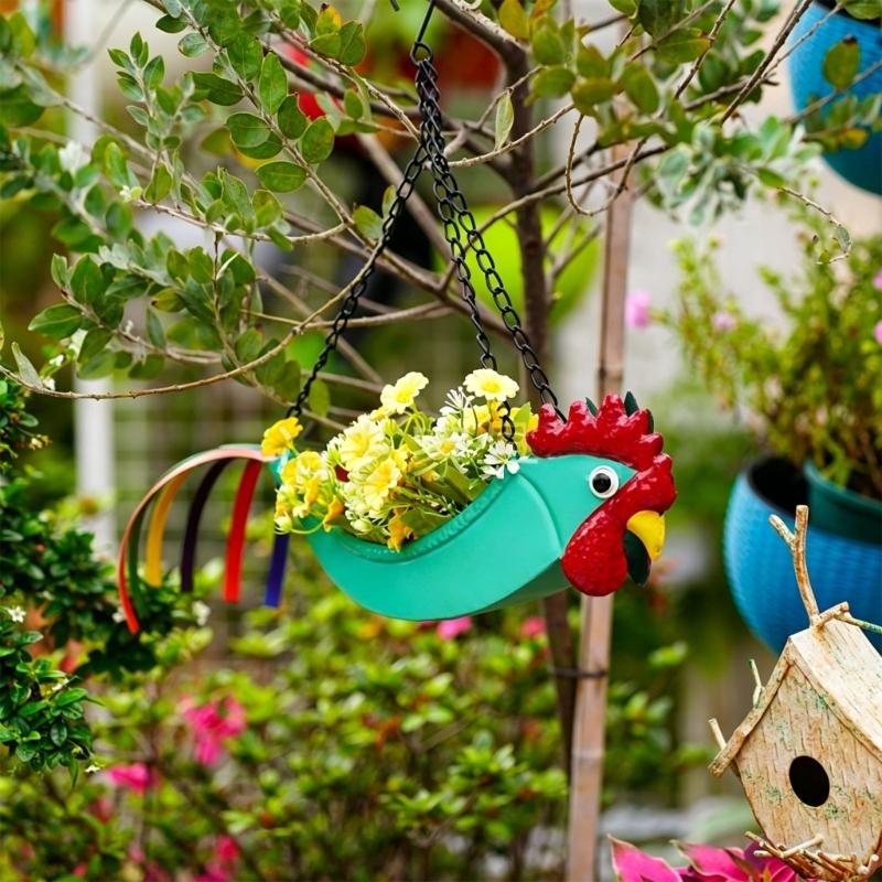 Iron Hanging Flower Pot Colorful Rooster Planter with Wide Planting Container and Chain System for Off-Floor Flower Displays on Patios and Porches