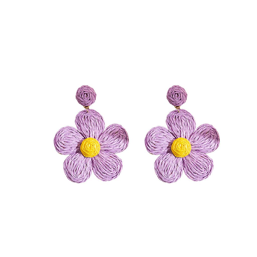 Hand-Woven Raffia Earrings Cute Solid Color Flower Earrings Vacation Style Candy Color Earrings