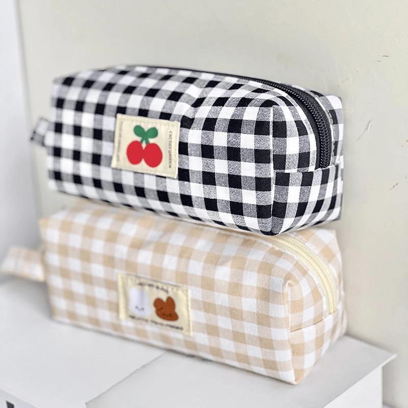 Checkboard Embroidery Pencil Bag Portable Stationery Bag High Capacity Kawaii Pens Women Girls Makeup Bags School Supplies