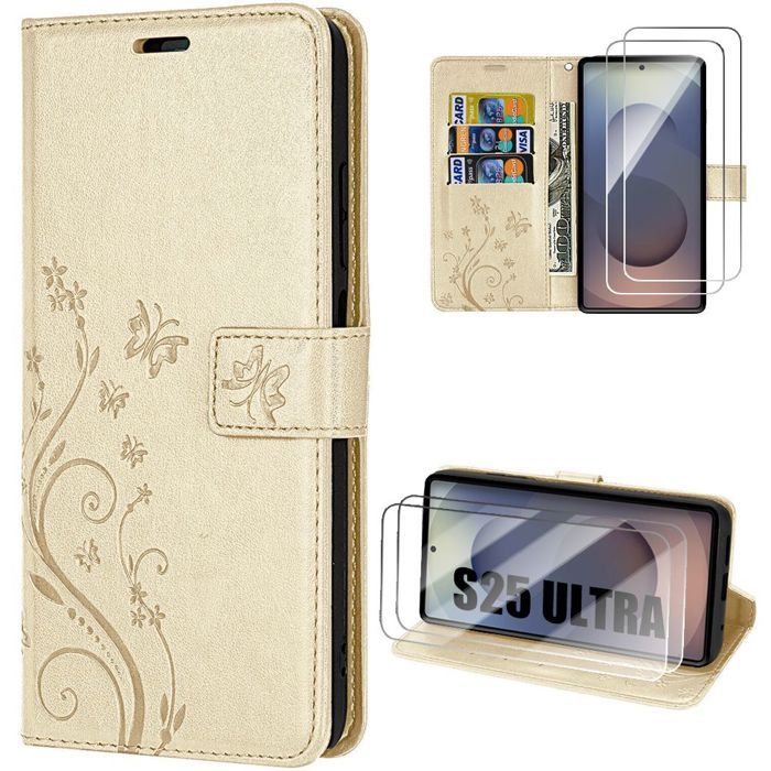 Case for Samsung Galaxy S25 Ultra - BOOLING - Golden Synthetic Leather Butterfly Flowers Pattern - 2 Tempered Glasses oro
