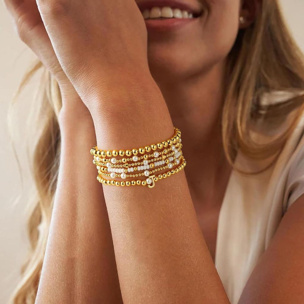 Turandoss 18K Gold Plated Beaded Stretch Initial Bracelet for Women Gifts