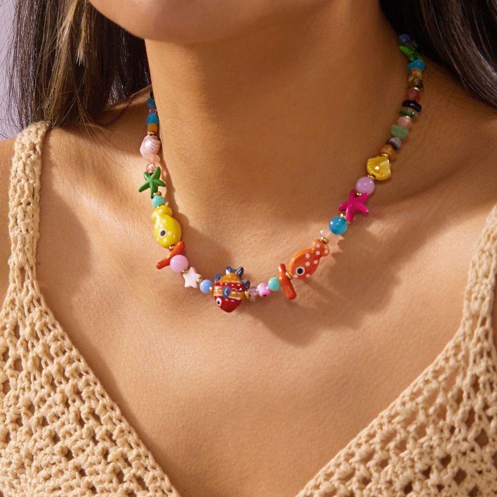 Handmade Bohemian Shell Necklace Colorful Ceramic Ocean Series Necklace For Women