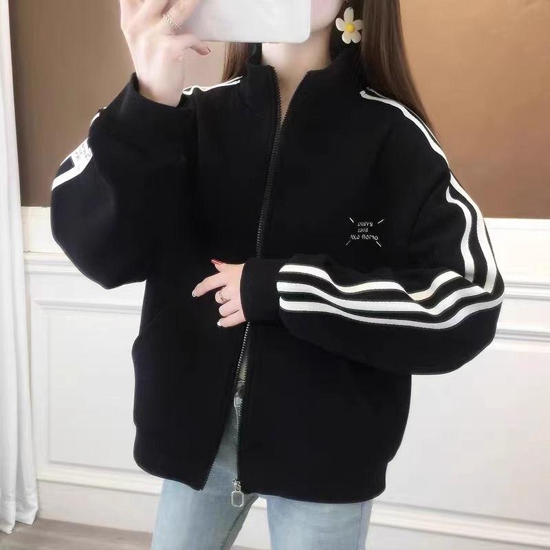 

Модный весенний женский однотонный воротник-стойка с карманами на молнии с буквами, повседневный короткий длинный рукав в полоску, свободный топ XXL чёрный