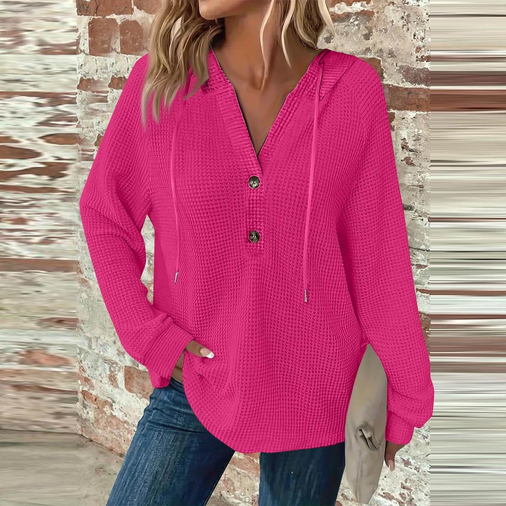 Women's Fashion Long Sleeve Drawstring Hooded Button V-Neck Casual Hooded Sweatshirt Top
