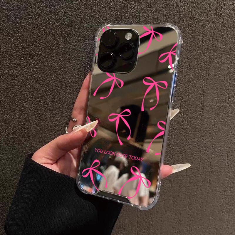 Милый Чехол Для Телефона С Зеркалом И Бантом Для iPhone 16 15 14 13 12 11 Pro Max XS X XR 7 8 Plus SE Зеркало Для Макияжа Ударопрочный Мягкий Чехол iPhone 15 Pro Max black