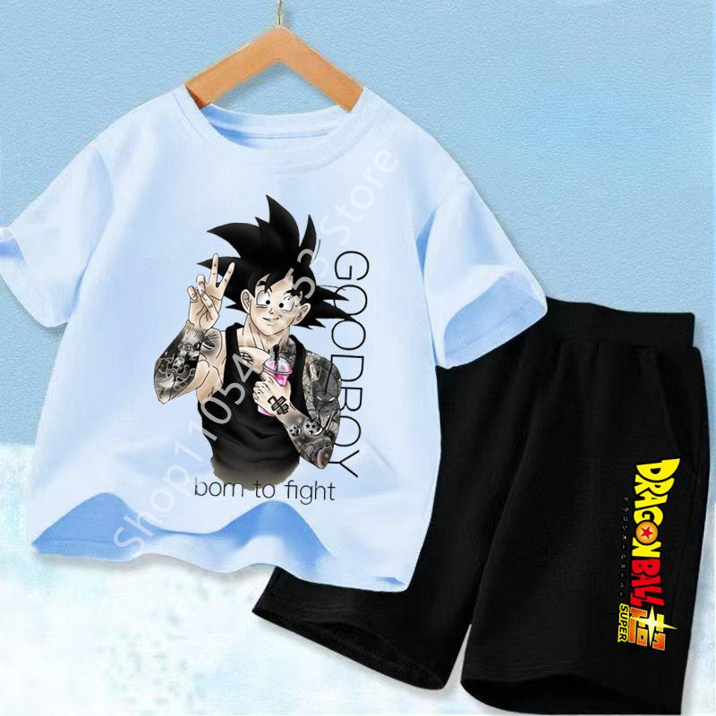 2026 Anime Cool Goku Dragon Ball Z Boys CosPlay Short Sleeve Shorts with Pocket Beach Pants Breathable Polyester T-shirt Kids Suit