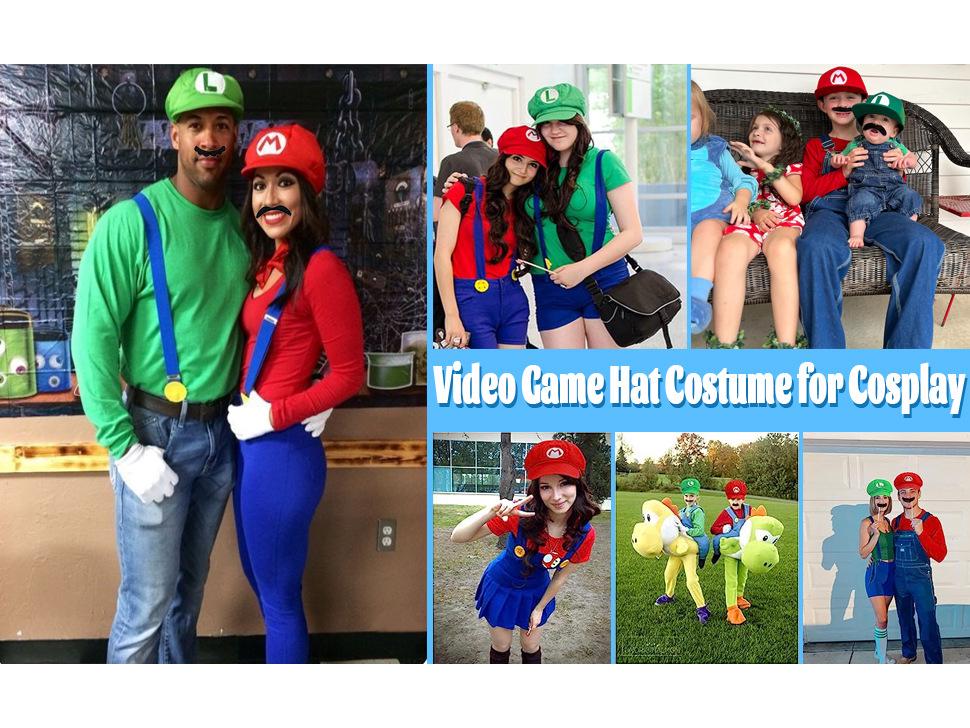 Mario Character Green Octagonal Cap with Navy Blue Strap, Mustache, and Gloves Costume Accessory Set