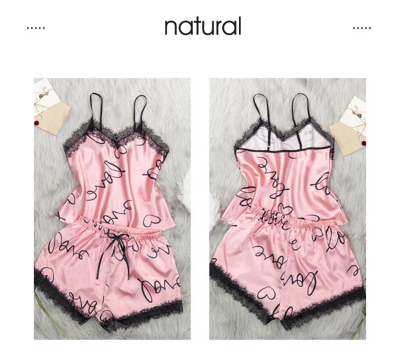 Yaoting Heart Print Lace Patchwork Women's Summer Pajama Set