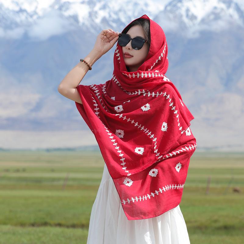 Red ethnic style silk scarf shawl women s summer thin sun protection Xinjiang Xizang Yunnan Lijiang travel wear scarf 90*180