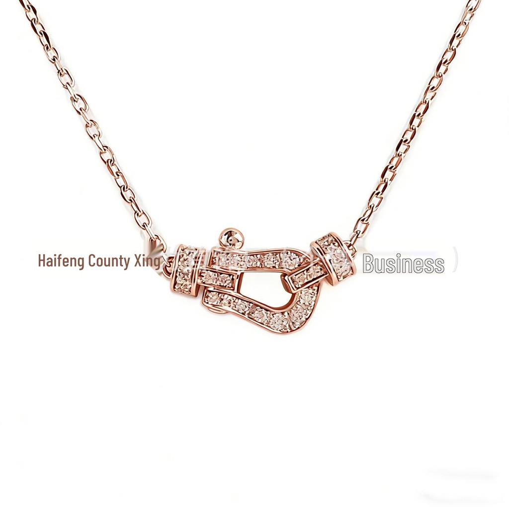 Fred Horseshoe Pendant Necklace In 18K Rose Gold, Full Diamond Clavicle Chain for Women