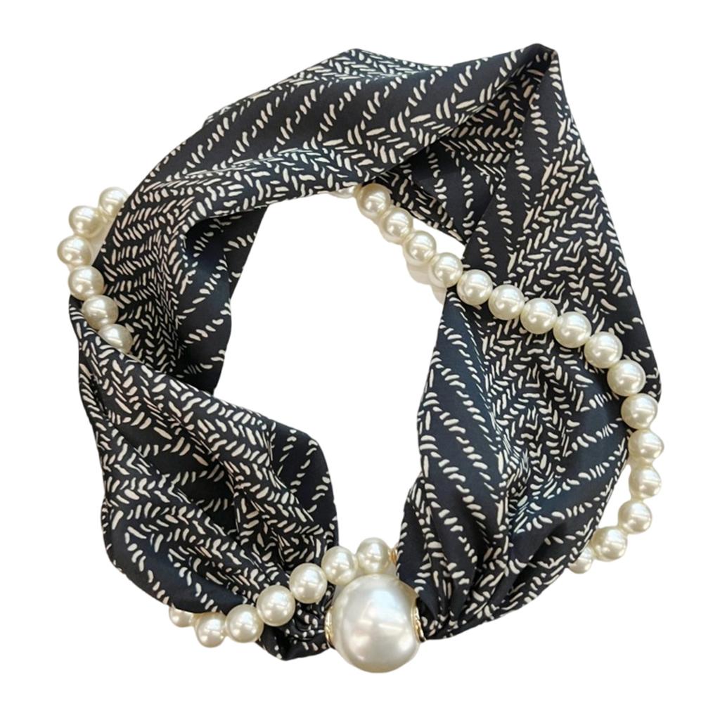 Magnetic Clasp Pearls Chain Necklace Floral Satins Scarf Elegant Silk Skinny Narrow Neckerchief for Fashionable Women
