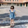 Summer 2024 Denim Vest and Puff Sleeve Camisole Top Set for Girls - Korean Children's Vertical Striped Shorts Collection