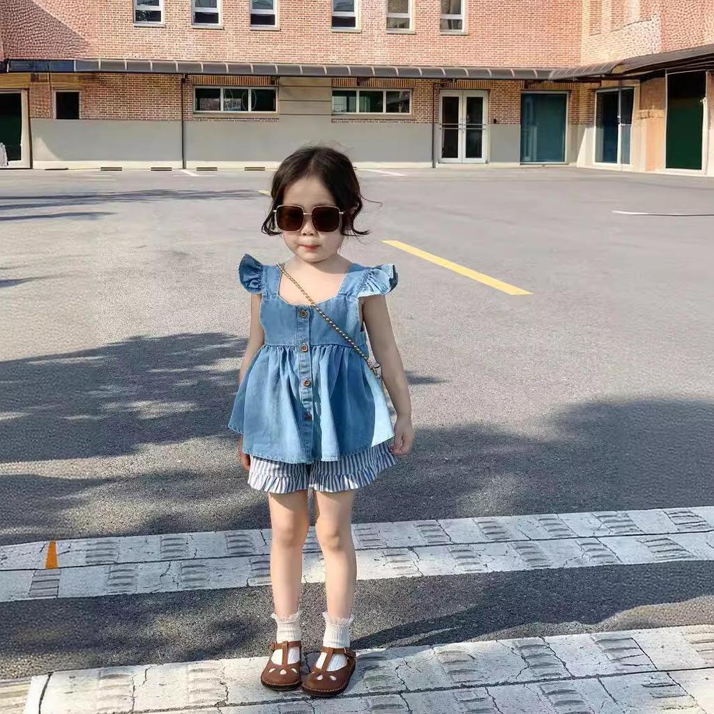 Summer 2024 Denim Vest and Puff Sleeve Camisole Top Set for Girls - Korean Children's Vertical Striped Shorts Collection