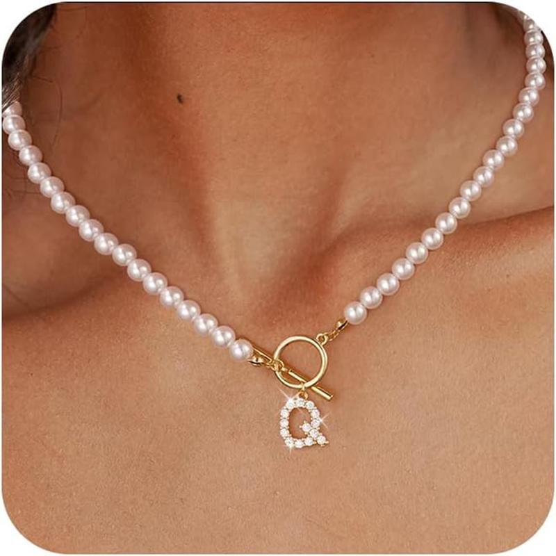 Rhinestone Letter Imitation Pearl Choker Necklace For Women Gold Plated Crystal Initial Pendant Necklace