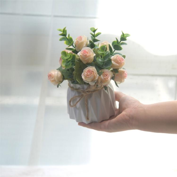 Elegant Artificial Rose Flowers with Small Vase Faux Florals Potted Plant for Indoor Desktop Decoration and Gift Giving