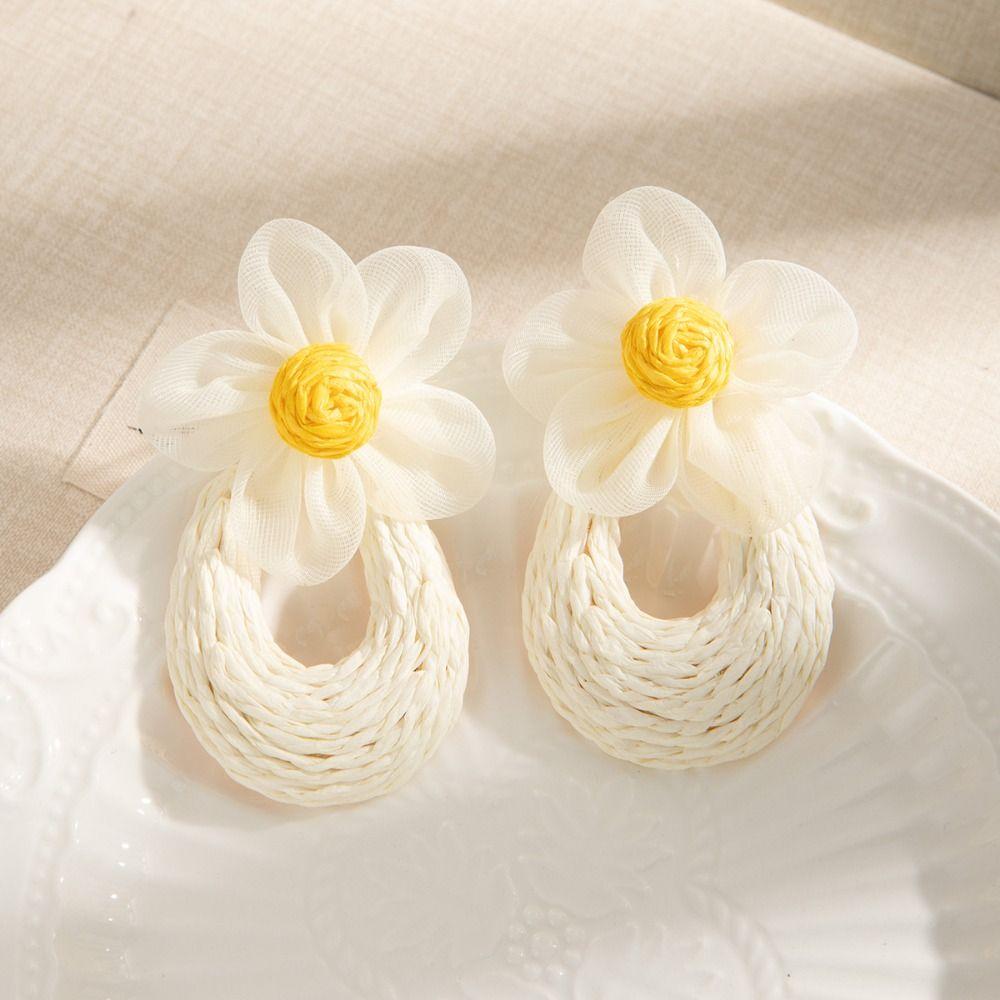 Hook Piercing Mesh Flower Earrings U-shaped Beach Drop Earrings Straw Weave Earrings  Girls Gift