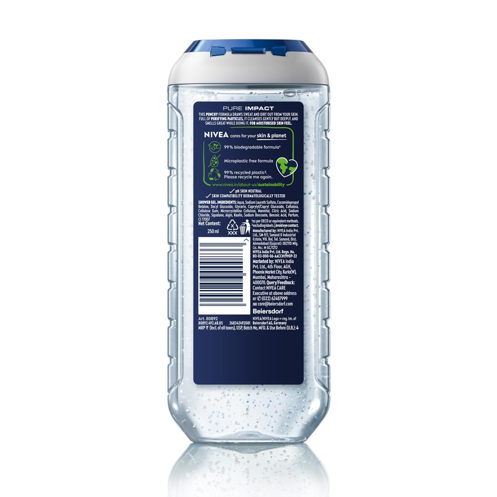 NIVEA MEN Pure Impact 250ml Body Wash| Shower Gel for Face, Body & Hair|Clean, Healthy & Moisturized Skin