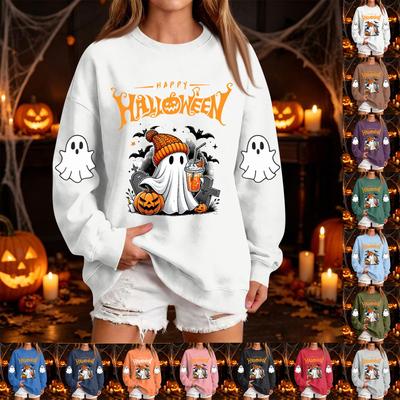 Kadın Moda Günlük Cadılar Bayramı Baskılı Boyunlu Kazak Sweatshirt