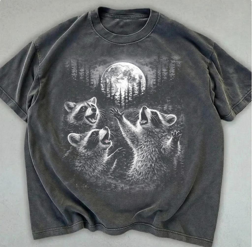 Raccoons Howling To Moon Vintage Style T-Shirt, Funny Raccoon Shirt, Silly Raccoon Lovers Gift