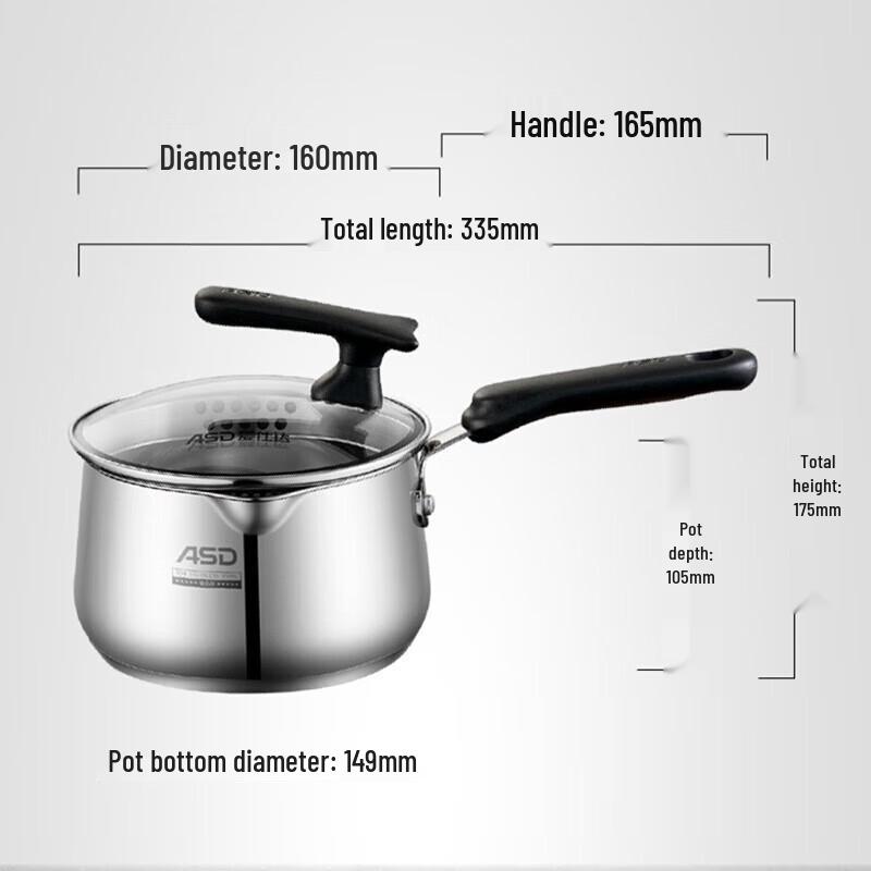ASD 16CM 304 Stainless Steel Milk Pot with Standable Lid